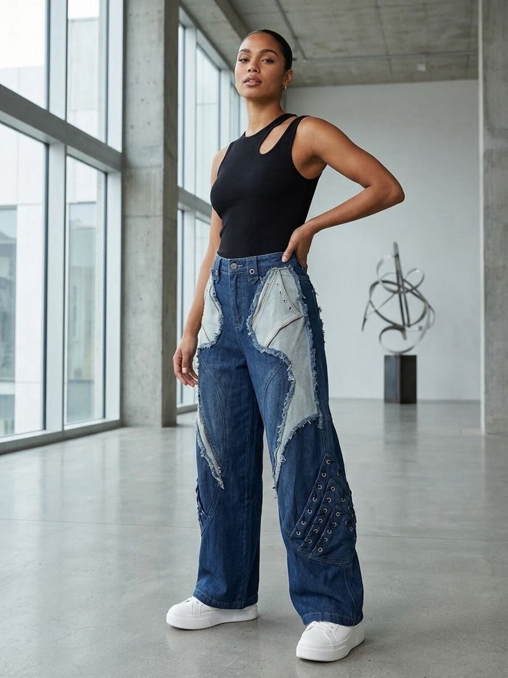 Innovare Denim Patchwork Wide Leg Jeans Small NWT Lace Up Grommet Y2K Distressed